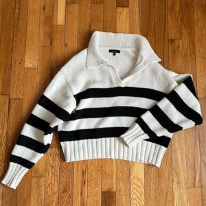 Quince Organic Cotton Polo Sweater sz S Off-White/Black Stripe Long Sleeve NWOT
